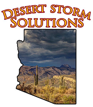 Logo for "desert storm solutions" set against a desert mountain landscape within an arizona state outline.